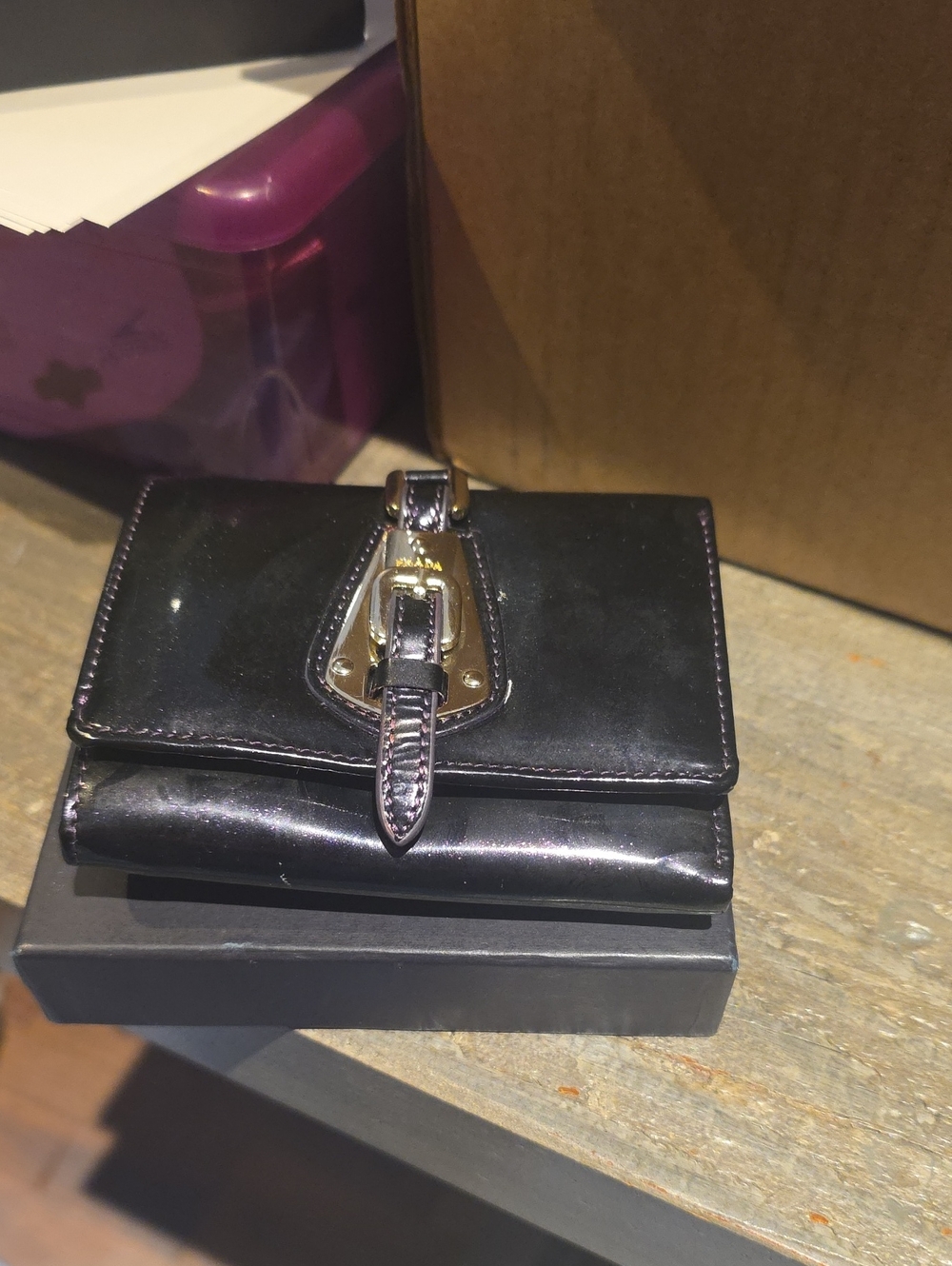 Deep Purple Patent Leather Wallet Buckle Card Holder with Gold Hardware